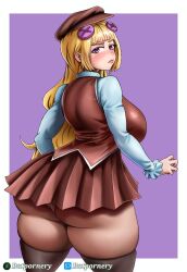 Rule 34 | 1girl, 2024, artist name, ass, ass focus, back, batpornery, blonde hair, blue shirt, blush, breasts, brown hat, brown skirt, brown thighhighs, brown vest, buttons, clenched hand, collared shirt, commentary, contrapposto, dimples of venus, embarrassed, english commentary, female focus, frilled sleeves, frills, from behind, frown, hat, hime cut, hip focus, huge ass, large breasts, lips, long hair, long sleeves, looking at viewer, looking back, original, panties, panty peek, purple eyes, school uniform, shirt, sideboob, skindentation, skirt, solo, thick thighs, thighhighs, thighs, underwear, very long hair, vest, white panties, wide hips