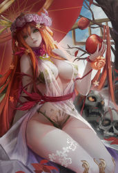 Rule 34 | 1girl, apple, bare shoulders, blue sky, branch, breasts, character request, cleavage, commentary request, dress, ecchi1008816, flower, food, fruit, hair between eyes, hair ornament, highres, large breasts, long hair, looking at viewer, parted lips, red hair, revealing clothes, rose, sash, see-through, sitting, skull, sky, thighs, tower of saviors, tree, very long hair, white dress, yellow eyes