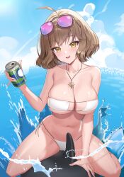 Rule 34 | 1girl, 1other, :d, absurdres, ahoge, animal, anis (nikke), anis (sparkling summer) (nikke), bare shoulders, bikini, blush, breasts, brown hair, can, cleavage, day, eyepatch bikini, eyewear on head, goddess of victory: nikke, highres, holding, holding can, hyoin, jewelry, large breasts, necklace, ocean, official alternate costume, open mouth, outdoors, pink-tinted eyewear, riding, short hair, side-tie bikini bottom, sky, smile, string bikini, sunglasses, swimsuit, tinted eyewear, water, white bikini, yellow eyes
