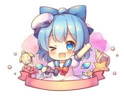 Rule 34 | 1girl, binoculars, blue bow, blue eyes, blue hair, blush, bow, bubble, cirno, coa (chroo x), coral, dress, hair bow, ice, ice wings, looking at viewer, medium hair, one eye closed, puffy short sleeves, puffy sleeves, red bow, red neckwear, school uniform, serafuku, shell, short sleeves, smile, starfish, touhou, turtle, white background, white dress, white headwear, wings