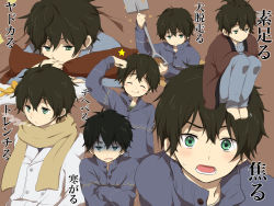 Rule 34 | 10s, 1boy, :p, bad id, bad pixiv id, black hair, blush, blush stickers, child, collage, dojikko pose, green eyes, hyouka, male focus, multiple views, open mouth, oreki houtarou, pajamas, scarf, shaded face, short hair, shovel, smile, sweatdrop, sweater, tongue, tongue out, translation request, worktool, aged down
