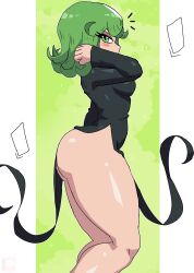 Rule 34 | 1girl, absurdres, adjusting hair, ass, black dress, blush stickers, border, breasts, cowboy shot, curly hair, dress, from side, gradient background, green background, green eyes, green hair, highres, long sleeves, looking at viewer, matching hair/eyes, medium breasts, one-punch man, outline, shiny skin, short hair, side slit, solo, standing, tatsumaki, thick thighs, thighs, tony welt, white border, white outline