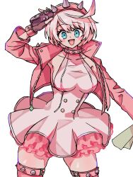 Rule 34 | 1girl, absurdres, ahoge, aqua eyes, black gloves, blush, boots, bracelet, breasts, clover, collar, dress, elphelt valentine, fingerless gloves, four-leaf clover, frilled dress, frills, gloves, guilty gear, guilty gear strive, hairband, highres, holding, holding microphone, huge ahoge, jacket, jewelry, ktknpdy, large breasts, legs apart, long sleeves, looking at viewer, microphone, open mouth, pink dress, pink footwear, pink hairband, pink jacket, short hair, smile, spiked bracelet, spiked collar, spiked hairband, spikes, thigh boots, two-tone dress, white dress, white hair