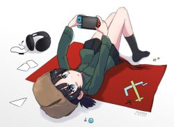 Rule 34 | 1girl, bad id, bad pixiv id, black hair, black skirt, black socks, blue eyes, blush stickers, brown hat, commentary request, dated, flag, fur hat, girls und panzer, green jacket, handheld game console, hat, headphones, holding, holding handheld game console, jacket, kiroshi, korean commentary, long sleeves, looking at viewer, looking back, low twintails, lying, miniskirt, nina (girls und panzer), nintendo switch, no shoes, on back, parted lips, pleated skirt, pravda school uniform, school uniform, short hair, short twintails, skirt, socks, solo, star (symbol), twintails, ushanka