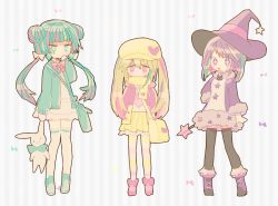 Rule 34 | 3girls, arm behind back, arms behind back, bag, black thighhighs, blonde hair, blue footwear, bow, bright pupils, cardigan, collared shirt, covering own mouth, double bun, dress, earrings, full body, green bag, green cardigan, green eyes, green hair, hair bow, hair bun, hand over own mouth, hat, heart, heart-shaped pupils, holding, holding stuffed toy, jacket, jewelry, miniskirt, multicolored clothes, multicolored hair, multicolored jacket, multiple girls, neck ribbon, open cardigan, open clothes, open jacket, open mouth, pantyhose, pastel girl, pink eyes, pink footwear, pink hair, pink ribbon, pleated skirt, purple eyes, purple hair, ribbon, shirt, shoes, short hair, simple background, skirt, smile, sneakers, standing, star (symbol), striped background, striped clothes, striped pantyhose, stuffed animal, stuffed rabbit, stuffed toy, symbol-shaped pupils, thighhighs, usagi nui, white bow, white pupils, white shirt, white skirt, white thighhighs, witch hat, yellow bag, yellow headwear, yellow pupils, yellow skirt