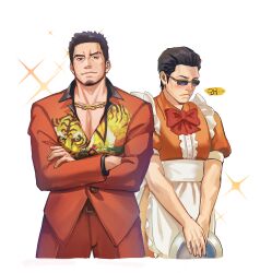 Rule 34 | 2boys, ace attorney, alternate costume, animal print, averting eyes, bara, beard, blush, chain, chain necklace, cosplay, cropped legs, crossdressing, crossed arms, enmaided, eyebrow cut, facial hair, formal, furio tigre, furio tigre (cosplay), higashi tooru, highres, jacket, jewelry, judge eyes, kaito masaharu, large pectorals, long sideburns, looking at viewer, maid, male focus, male maid, mature male, multiple boys, muscular, muscular male, necklace, pectoral cleavage, pectorals, phoenix wright: ace attorney - trials and tribulations, print jacket, red suit, ryuu ga gotoku (series), sdz (inazuma), short hair, shy, sideburns, smile, sparkle, sparkle background, suit, sunglasses, thick eyebrows, tiger print, translation request