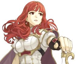Rule 34 | 1girl, armor, breastplate, cape, celica (fire emblem), earrings, fingerless gloves, fire emblem, fire emblem echoes: shadows of valentia, gloves, hairband, highres, jewelry, long hair, nenekantoku, nintendo, parted lips, red armor, red eyes, red hair, short sleeves, simple background, solo, twitter username, upper body, white armor, white background
