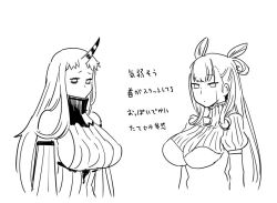 Rule 34 | 2girls, abyssal ship, bare shoulders, breasts, commentary request, cone hair bun, crossover, detached sleeves, double bun, dress, fate/grand order, fate (series), greyscale, hair bun, horns, kantai collection, large breasts, long hair, mo (kireinamo), monochrome, multiple girls, murasaki shikibu (fate), ribbed dress, seaport princess, single horn, sketch, translation request, white background