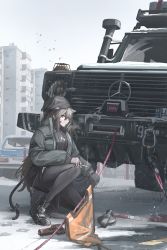 Rule 34 | 1girl, absurdres, black footwear, black gloves, black hat, black thighhighs, brown eyes, brown hair, building, car, cigarette, dog tags, gloves, green jacket, haguruma c, hat, highres, holding, holding cigarette, jacket, long sleeves, mercedes-benz, motor vehicle, open clothes, open jacket, original, shoes, single glove, smoking, solo, sports utility vehicle, squatting, thighhighs, turtleneck, vehicle request