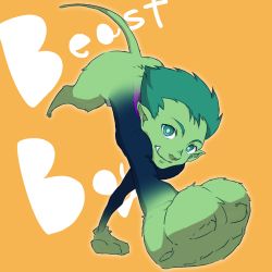 Rule 34 | 1boy, beast boy (dc), bodysuit, character name, colored skin, dc comics, fangs, garfield logan, green eyes, green hair, green skin, kuraco, lowres, male focus, matching hair/eyes, pointy ears, simple background, solo, tail, teen titans, transformation