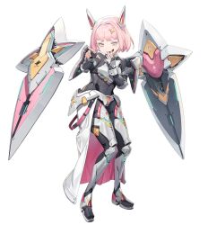 Rule 34 | 1girl, armor, armored boots, black bodysuit, blush, bodysuit, boots, breastplate, full body, goddess of victory: nikke, hair ornament, hand to own mouth, headgear, looking at viewer, noah (nikke), official art, open mouth, pink eyes, pink hair, pointing, short hair, shoulder armor, simple background, smug, solo, standing, thigh boots, urorong, white background