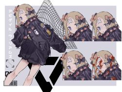 Rule 34 | 1girl, :o, abigail williams (fate), abigail williams (traveling outfit) (fate), barcode, belt, black bow, black jacket, blonde hair, blood, blood on face, blue eyes, bow, character name, cowboy shot, crossed bandaids, crying, expressions, fate/grand order, fate (series), frown, grey background, hair bow, hand up, highres, jacket, long sleeves, looking at viewer, modotteku, multiple hair bows, open mouth, orange belt, orange bow, parted bangs, portrait, sleeves past fingers, sleeves past wrists, smile, tears
