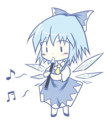 Rule 34 | 1girl, blue bow, blue dress, blue eyes, blue hair, bow, chibi, cirno, collared shirt, commentary request, dress, flute, hair bow, holding, holding instrument, ice, ice wings, instrument, merri, musical note, necktie, recorder, shirt, short hair, short sleeves, simple background, solo, spoken musical note, touhou, white background, white shirt, wings, yellow necktie