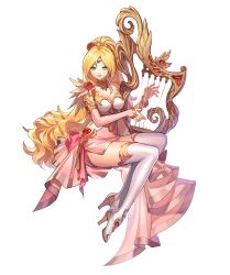 Rule 34 | 1girl, absurdres, armlet, artist request, blonde hair, boots, breasts, bridal gauntlets, diadem, dress, eyes visible through hair, floating, flower, gloves, goddess of wealth eleanor, green eyes, guardian tales, harp, high heels, highres, instrument, jewelry, long hair, looking at viewer, medium breasts, music, necklace, official art, parted lips, playing instrument, single glove, solo, thigh boots, thighhighs, transparent background