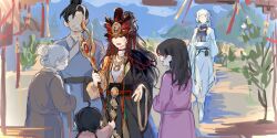 Rule 34 | 1boy, 5girls, black hair, black robe, black shirt, blue robe, blue sky, child, chinese clothes, chinese commentary, commentary, day, du ruo (path to nowhere), earrings, facial hair, goatee, grey hair, hair bun, highres, holding, holding staff, jewelry, long hair, mountain, multiple girls, necklace, old, old woman, open mouth, outdoors, path to nowhere, purple robe, robe, shirt, skirt, sky, smile, staff, tooong4, white hair, white skirt, yao (path to nowhere)