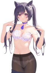 Rule 34 | 1girl, bare arms, bare shoulders, bra, braid, breasts, brown pantyhose, choker, cleavage, closed mouth, clothes pull, collarbone, cone hair bun, cowboy shot, crotch seam, flower, genshin impact, gin00, hair bun, hair flower, hair ornament, hands up, highres, keqing (genshin impact), lingerie, long hair, looking at viewer, navel, panties, panties under pantyhose, pantyhose, pink eyes, purple choker, purple hair, simple background, skirt, skirt pull, small breasts, solo, strap slip, tassel, twintails, underwear, white background, white bra, white flower, white panties