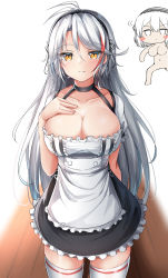 Rule 34 | 2girls, absurdres, antenna hair, apron, azur lane, black dress, black hairband, blush, blush stickers, breasts, brown eyes, chibi, chibi inset, cleavage, closed mouth, collarbone, cosplay, dress, frilled apron, frilled dress, frills, hairband, hand on own chest, hand up, highres, large breasts, long hair, looking at viewer, moyoron, multicolored hair, multiple girls, nude, prinz eugen (azur lane), puffy short sleeves, puffy sleeves, red hair, short sleeves, sirius (azur lane), sirius (azur lane) (cosplay), skindentation, smile, solo focus, standing, streaked hair, thighhighs, v-shaped eyebrows, very long hair, waist apron, white apron, white hair, white legwear, wooden floor