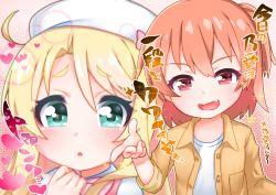Rule 34 | 2girls, :d, ahoge, beret, blonde hair, blush, bow, brown hair, brown jacket, commentary request, fang, green eyes, hair between eyes, hand up, hat, hat bow, heart, highres, himesaka noa, hoshino hinata, jacket, kirisame mia, long hair, long sleeves, multiple girls, one side up, open clothes, open jacket, open mouth, parted lips, pink bow, red eyes, shirt, smile, sparkle, thick eyebrows, translation request, v-shaped eyebrows, watashi ni tenshi ga maiorita!, white hat, white shirt