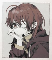 Rule 34 | 1girl, ahoge, border, brown eyes, brown theme, head rest, closed mouth, collared shirt, eyepatch, from side, graphite (medium), hand up, hood, hood down, hoodie, ka (marukogedago), long sleeves, looking at viewer, looking to the side, medical eyepatch, mixed media, monochrome, one eye covered, original, shirt, solo, traditional media, white border, wing collar