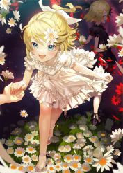 Rule 34 | 2girls, :d, alternate costume, ankle ribbon, arms behind back, black dress, blonde hair, blue eyes, breasts, commentary request, daisy, dress, dual persona, flower, grass, hair flower, hair ornament, highres, holding hands, kagamine rin, leaning forward, leg ribbon, light particles, looking at viewer, looking back, multiple girls, open mouth, pov, pov hands, puffy short sleeves, puffy sleeves, red eyes, ribbon, sandals, sawashi (ur-sawasi), short hair, short sleeves, small breasts, smile, solo focus, vocaloid, walking, white dress