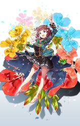 Rule 34 | 1girl, absurdres, amami haruka, arm up, artist name, black skirt, blunt bangs, breasts, brown hair, buttons, character name, commentary request, double-breasted, floral background, flower request, frilled skirt, frills, full body, green eyes, green jacket, hair ribbon, highres, idolmaster, idolmaster (classic), idolmaster million live!, idolmaster million live! theater days, jacket, looking at viewer, medium breasts, medium hair, open mouth, outstretched arm, pleated skirt, ribbon, skirt, solo, thigh strap, yae (mono110)