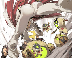Rule 34 | 1girl, ahoge, arc system works, ass, belt, bent over, black gloves, blurry, blush, blush stickers, bodysuit, breasts, center opening, closed eyes, spiked halo, depth of field, from behind, from below, gloves, glowing, guilty gear, guilty gear xrd, half-closed eyes, halo, hand on own chin, holding, holding sword, holding weapon, jack-o&#039; valentine, kneepits, legs apart, long hair, looking through own legs, minion (guilty gear), multicolored hair, open mouth, pantylines, red eyes, red hair, smile, sword, two-tone hair, v-shaped eyebrows, very long hair, weapon, white hair, ysk!
