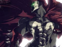 Rule 34 | bara, cape, claws, green eyes, male focus, muscular, simple background, spawn, symbiote