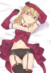 Rule 34 | 1girl, alice gear aegis, arm on own head, armpits, bare shoulders, bed sheet, black panties, black thighhighs, blonde hair, blush, breasts, dated, detached collar, dress, elbow gloves, errant, flipped hair, frilled dress, frills, garter straps, glasses, gloves, green eyes, groin, hair between eyes, highres, kotomura akane, light frown, looking at viewer, lying, navel, on back, open clothes, open dress, panties, partially unbuttoned, pleated dress, purple dress, purple gloves, red-framed eyewear, signature, small breasts, stomach, stomach day, strapless, strapless dress, thighhighs, twintails, unbuttoned dress, underwear