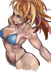 Rule 34 | 1girl, alternate costume, bandaid, bandaid on face, bikini, blue bikini, blue eyes, bokkusu, breasts, captain mizuki, cleavage, cropped arms, cropped legs, earrings, high ponytail, jewelry, large breasts, lips, long hair, looking at viewer, messy hair, muscular, muscular female, navel, nose, one-punch man, orange hair, solo, swimsuit, tan, thick thighs, thighs, toned, underboob