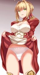 Rule 34 | 10s, ahoge, bad id, bad pixiv id, blonde hair, breasts, cleavage, clothes lift, epaulettes, fary5, fate/extra, fate/grand order, fate (series), from below, gluteal fold, green eyes, groin, hair between eyes, hair intakes, highres, large breasts, lifted by self, nero claudius (fate), nero claudius (fate) (all), nero claudius (fate/extra), panties, self exposure, skirt, skirt lift, thighhighs, underwear, white panties