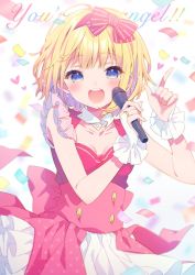 Rule 34 | 1girl, :d, blonde hair, blue eyes, blurry, blurry background, blush, bow, breasts, bridal gauntlets, collar, collarbone, commentary request, confetti, copyright request, depth of field, detached collar, english text, hair bow, hairband, hands up, holding, holding microphone, kurokuma (kuro kumagaya), looking at viewer, medium breasts, microphone, open mouth, pink bow, pink hairband, pink shirt, pink skirt, polka dot, polka dot skirt, shirt, skirt, smile, solo, striped, striped bow, teeth, upper teeth only, white background, white collar