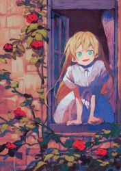 Rule 34 | 1girl, aqua eyes, arm support, blonde hair, collared dress, commentary, dress, flower, highres, long hair, looking at viewer, no pupils, original, parted lips, plant, potg (piotegu), red flower, red rose, rose, signature, smile, solo, vines, white dress, window