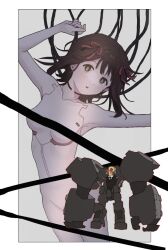 Rule 34 | 1girl, 8 8ghost, amami haruka, armpits, bleeding, blood, blush, border, breasts, brown hair, cable, collarbone, convenient censoring, dot nose, expressionless, extra pupils, eyelashes, flipped hair, green eyes, groin, hair ribbon, highres, holding, holding cable, idolmaster, idolmaster (classic), idolmaster million live!, idolmaster million live! theater days, joints, light blush, looking at viewer, mecha, mechanization, medium breasts, outside border, p-head producer, parted lips, producer (idolmaster), red pupils, red ribbon, ribbon, ringed eyes, robot, robot joints, sidelocks, white border