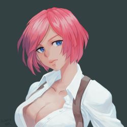 Rule 34 | 1girl, artist name, blue eyes, breasts, cleavage, closed mouth, collarbone, collared shirt, dark-skinned female, dark skin, dress shirt, giovanna (guilty gear), grey background, guilty gear, guilty gear strive, harpuiaaaa, highres, large breasts, lips, looking at viewer, pink hair, shirt, short hair, signature, simple background, solo, suspenders, unbuttoned, unbuttoned shirt, upper body, white shirt