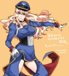 Rule 34 | 1girl, blonde hair, blue eyes, breasts, choker, collarbone, gloves, hat, hiyoshi hana, large breasts, long hair, looking at viewer, macross, macross frontier, military, military uniform, sheryl nome, solo, uniform, white gloves