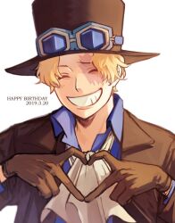 Rule 34 | 1boy, ascot, black gloves, blonde hair, blue shirt, dated, facing viewer, finger heart, gloves, goggles, goggles on headwear, grin, happy, happy birthday, hat, long sleeves, male focus, mirin (coene65), one piece, sabo (one piece), scar, scar on face, shirt, short hair, simple background, smile, solo, top hat, upper body, white ascot, white background