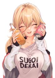 Rule 34 | 1girl, blonde hair, blush, bottle, breasts, can, closed eyes, clothes writing, collarbone, fang, grey sweater, hair between eyes, holding, holding bottle, holding can, large breasts, long hair, long sleeves, nijisanji, nui sociere, nui sociere (2nd costume), simple background, smile, solo, sweater, uhhgaoh, upper body, virtual youtuber, white background