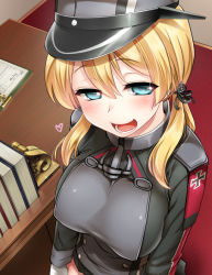 Rule 34 | 10s, 1girl, anchor hair ornament, aqua eyes, black ribbon, black skirt, blonde hair, blue eyes, blush, book, breasts, cross, desk, from above, gloves, hair ornament, hair ribbon, hat, heart, hijiri tsukasa, impossible clothes, iron cross, kantai collection, large breasts, long hair, long sleeves, microskirt, military, military uniform, open mouth, peaked cap, prinz eugen (kancolle), ribbon, skirt, smile, smug, solo, twintails, uniform, white gloves