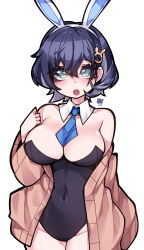 Rule 34 | 1girl, :o, absurdres, alternate costume, animal ears, bad id, bad pixiv id, bare shoulders, between breasts, black leotard, blue archive, blue hair, blue necktie, breasts, chihiro (blue archive), cleavage, collarbone, commentary request, covered navel, cowboy shot, fake animal ears, green eyes, hair behind ear, hair between eyes, hand up, highleg, highleg leotard, highres, large breasts, leotard, long sleeves, looking at viewer, necktie, necktie between breasts, off shoulder, open mouth, paaran, playboy bunny, shiny skin, simple background, solo, strapless, strapless leotard, teeth, thick eyelashes, upper teeth only, white background, wide sleeves