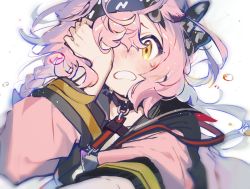Rule 34 | 1girl, absurdres, arknights, black choker, black hairband, black sailor collar, blush, braid, choker, coat, covering one eye, goldenglow (arknights), hairband, highres, lightning bolt print, long hair, looking at viewer, motamo (motamotri), open clothes, open coat, parted lips, pink coat, pink hair, sailor collar, simple background, single braid, solo, upper body, white background, yellow eyes