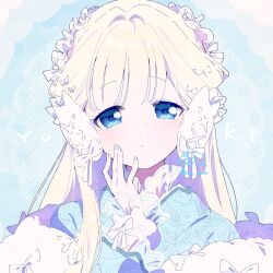 Rule 34 | 1girl, blonde hair, blue background, blue capelet, blue eyes, blunt bangs, border, bow, capelet, cat hair ornament, character name, closed mouth, commentary request, dot nose, eyelashes, fingernails, floral print, frilled capelet, frilled hairband, frilled wrist cuffs, frills, fur-trimmed capelet, fur trim, hair bow, hair intakes, hair ornament, hair tubes, hairband, hand on own cheek, hand on own face, highres, light blush, light frown, long hair, long sleeves, looking at viewer, multiple hair bows, nekoyashiki yuki, outside border, paru rari, polka dot, polka dot background, precure, round border, signature, solo, thinking, twitter username, upper body, white border, white bow, white hairband, white wrist cuffs, wonderful precure!, wrist bow, wrist cuffs