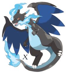 Rule 34 | absurdres, artist name, bad id, bad pixiv id, blue fire, breath weapon, charizard, claws, collarbone, creatures (company), dragon, fangs, fire, flame-tipped tail, full body, game freak, gen 1 pokemon, highres, mega charizard x, mega pokemon, nintendo, no humans, open mouth, pokemon, pokemon (creature), red eyes, rorosuke, simple background, solo, tongue, twitter username, white background, wings