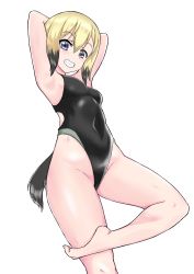 Rule 34 | 1girl, absurdres, animal ears, armpits, arms behind head, blonde hair, commentary request, competition swimsuit, covered navel, cowboy shot, dog ears, dog tail, erica hartmann, grey eyes, grin, groin, hair ears, highres, looking at viewer, multicolored hair, one-piece swimsuit, short hair, simple background, smile, solo, standing, standing on one leg, strike witches, swimsuit, tail, white background, world witches series, yuusha