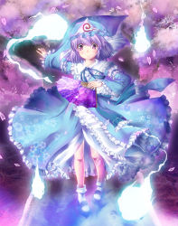 Rule 34 | 1girl, blue dress, blush, cherry blossoms, dress, female focus, floral print, full body, ghost, gradient background, hand fan, hat, izumi akane, nature, outstretched arm, petals, plant, purple eyes, purple hair, saigyouji yuyuko, short hair, smile, solo, touhou, tree