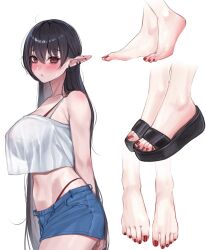 Rule 34 | 1girl, barefoot, black hair, blush, camisole, crop top, feet, highres, long hair, looking at viewer, nikishiko, pointy ears, red eyes, shorts, toes