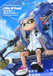Rule 34 | 1girl, absurdres, bike shorts, blue hair, blue sky, buttons, chamu (chammkue), closed mouth, cloud, collared shirt, day, dress shirt, e-liter 4k (splatoon), frown, green eyes, highres, huge filesize, ink tank (splatoon), inkling, inkling girl, inkling player character, long hair, nintendo, outdoors, pointy ears, shirt, shoelaces, shoes, short sleeves, sitting, sky, solo, splatoon (series), splatoon 2, tentacle hair, twitter username, very long hair, white footwear, white shirt