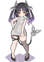 Rule 34 | 1girl, aran sweater, black footwear, black hair, black ribbon, blush, cable knit, closed mouth, commentary request, demon girl, demon horns, demon tail, dress, full body, grey sweater, grey thighhighs, highres, horns, kojo anna, kojo anna (3rd costume), leg ribbon, long hair, looking at viewer, meme attire, multicolored hair, nanashi inc., official alternate costume, pointy ears, purple hair, ribbed sweater, ribbon, robou no stone, see-through, see-through legwear, simple background, smile, solo, standing, sugar lyric, sweater, sweater dress, tail, thighhighs, turtleneck, turtleneck sweater, two-tone hair, virgin killer sweater, virtual youtuber, white background, yellow eyes
