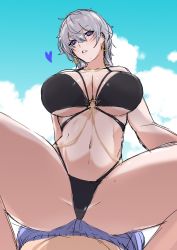 Rule 34 | 1girl, abs, absurdres, bikini, black bikini, blush, breasts, cleavage, cloud, cloudy sky, crotch, ear piercing, earrings, girl on top, heart, highres, jewelry, large breasts, looking at viewer, mogi yasunobu, mole, mole on thigh, necklace, original, piercing, purple eyes, short hair, silver hair, sitting, sitting on person, sky, solo, spread legs, stomach, swimsuit