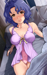 Rule 34 | 1girl, :o, absurdres, antenna hair, arm support, bad id, bad pixiv id, bare shoulders, bed, bed sheet, blanket, blue hair, blush, bow, breasts, brown eyes, cleavage, collarbone, curtains, hanamasa ono, highres, idolmaster, idolmaster million live!, indoors, large breasts, leotard, lingerie, looking at viewer, negligee, on bed, open mouth, pillow, pink leotard, short hair, sleeveless, solo, sweat, thighs, toyokawa fuka, underwear, window, yellow bow