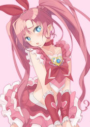 Rule 34 | 10s, 1girl, :o, blue eyes, blush, bow, choker, collarbone, crop top, cure melody, earrings, houjou hibiki, jewelry, long hair, magical girl, midriff, pink bow, pink hair, precure, shy, simple background, solo, sora-bozu, suite precure, twintails